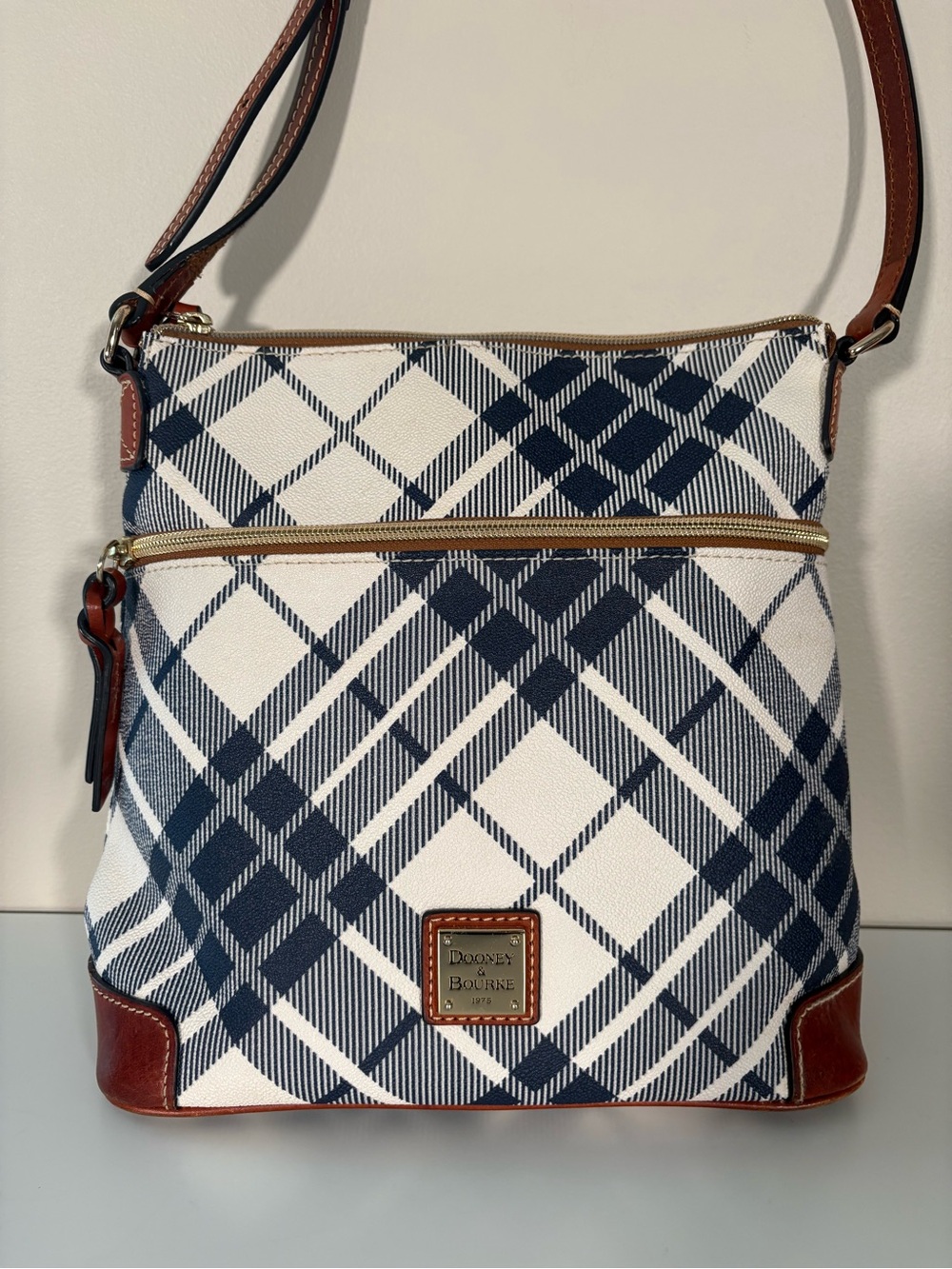Dooney & Bourke Navy and White Plaid Crossbody with Brown Trim